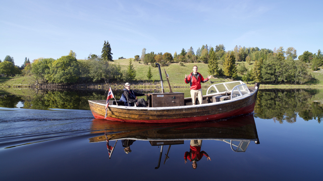 Host Andreas Viestad catches fish in a river in Eastern Norway.